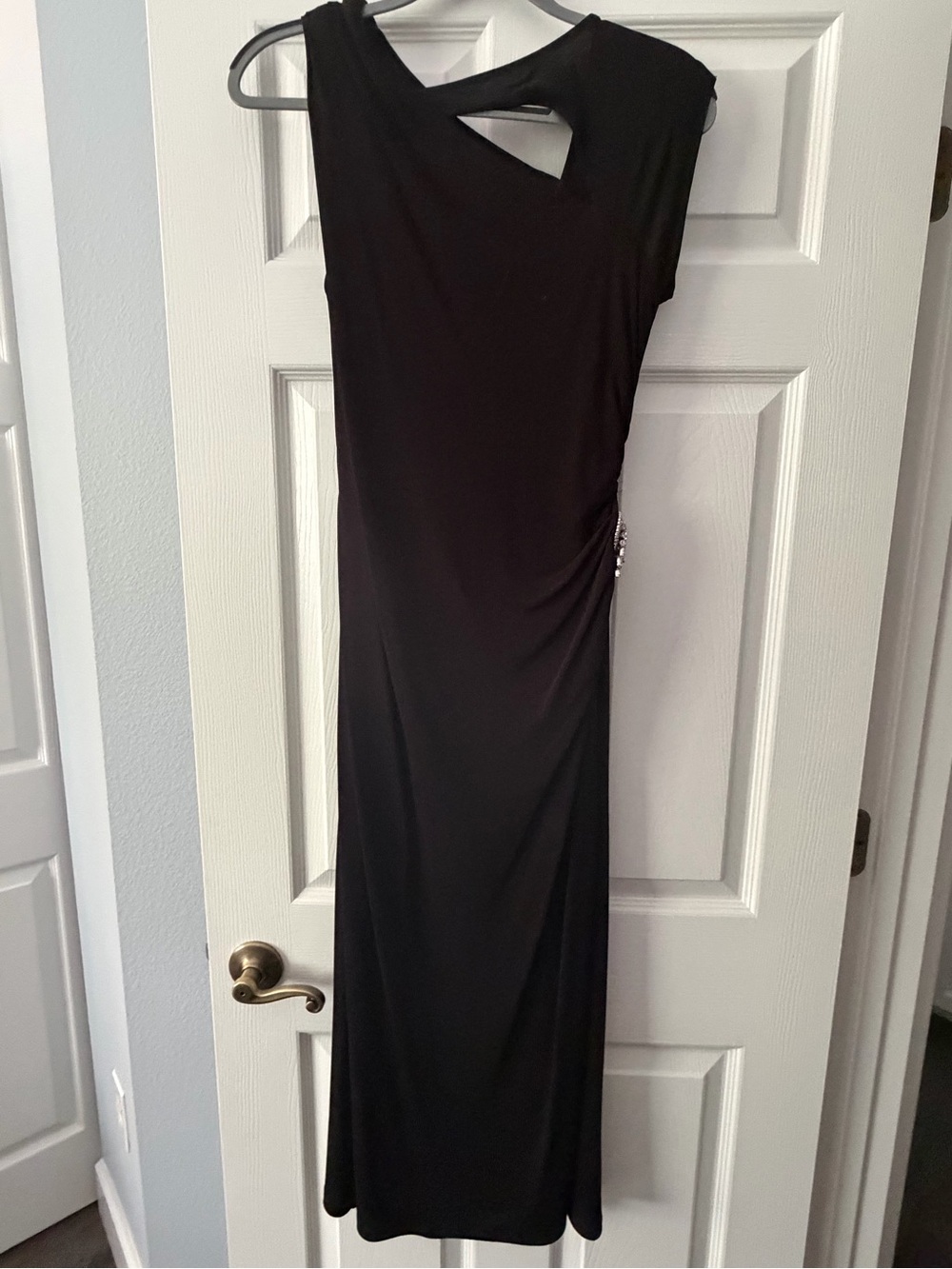David Meister Black One-Shoulder Maxi Dress with Side Jewel Accent